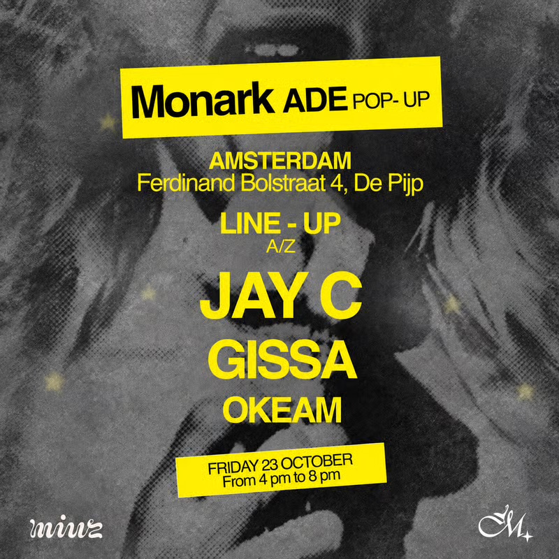 ADE MIUZ GELATO poster: Monark ADE pop-up at Miuz Gelato, De Pijp, Amsterdam, Friday 23 October 2026, 4 to 8 pm, with Jay C, Gissa and Okeam