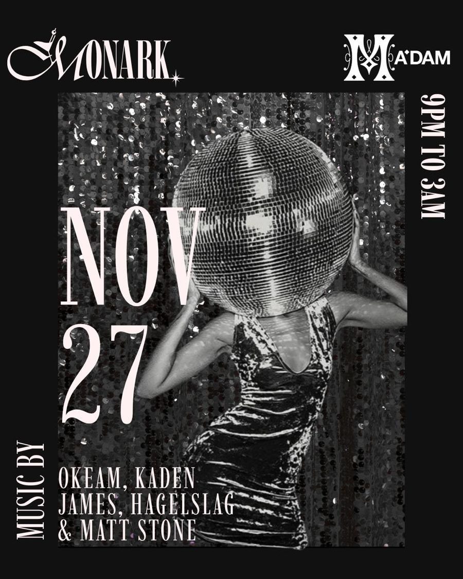 MA’DAM poster: A'DAM Tower, Amsterdam, 27 November 2025, from 21 till 3, with Okeam, Kaden James, Hagelslag and Matt Stone