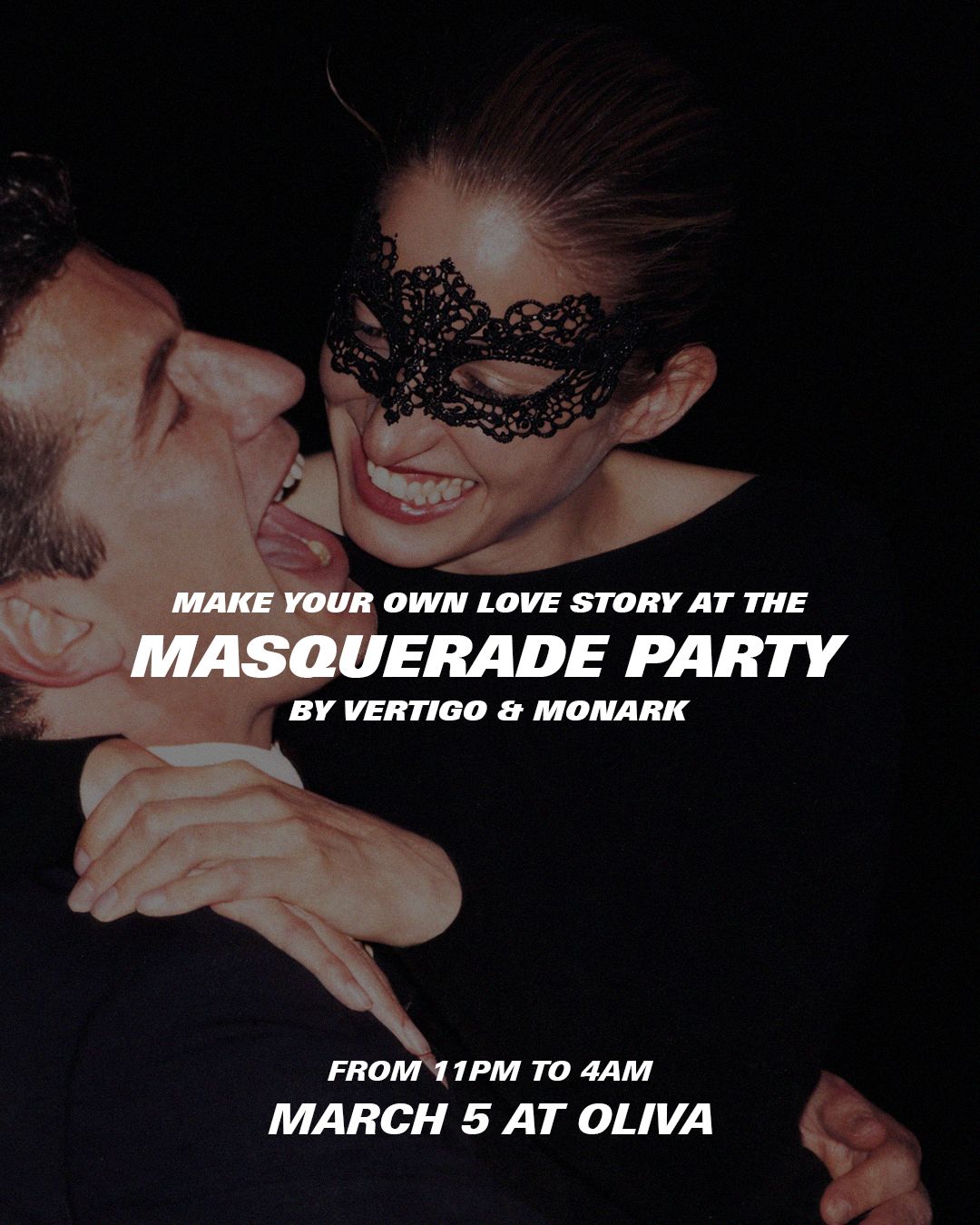 MASQUERADE PARTY poster: Oliva, Amsterdam, 5 March 2026, from 11pm till 4am, by Vertigo and Monark